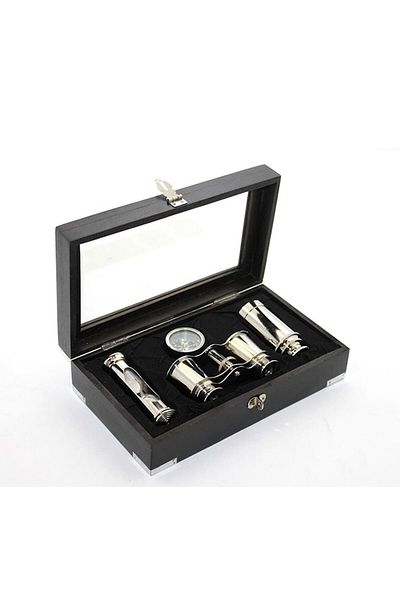 HSDemirci Brass Binoculars Compass and Hourglass Set with Wooden Box