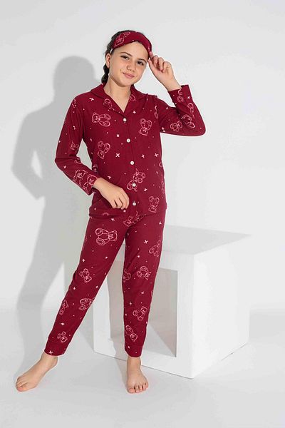 Mutlu City Nou sezon toamnă/iarnă Mamă/fiică Set pijamale din piele intoarsa cu model ursuleti 2724-9 Claret Red