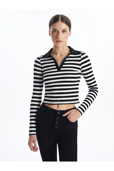LC Waikiki Tricou de damă cu mânecă lungă cu dungi cu gât polo