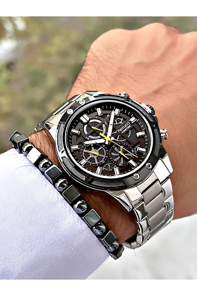 Ferrucci Silver Color Functions Active Sports Steel Cord Men's Wrist Watch + Bracelet