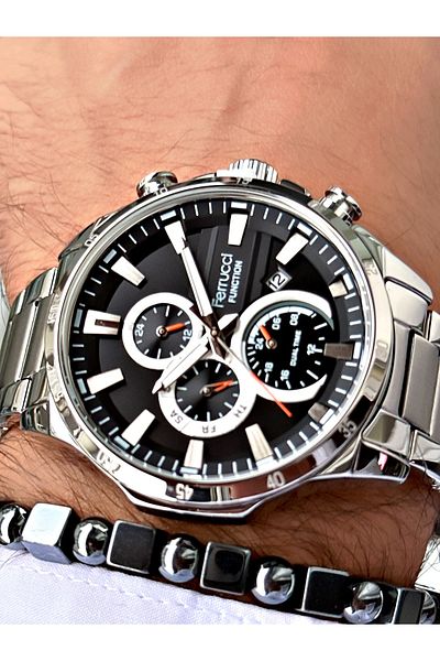 Ferrucci Silver Color Stylish Sports Steel Cord Function Men's Wrist Watch + Bracelet