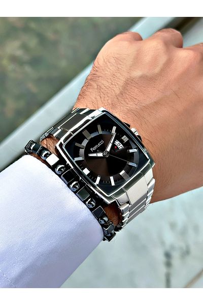Ferrucci Silver Color Square Classic Steel Cord Men's Wrist Watch + Bracelet