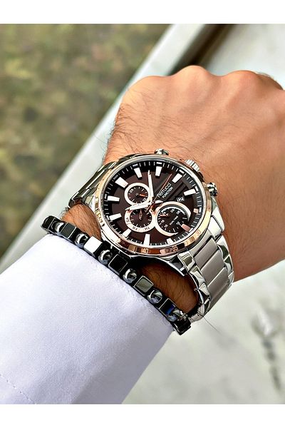 Ferrucci Silver Color Stylish Sports Steel Cord Function Men's Wrist Watch + Bracelet