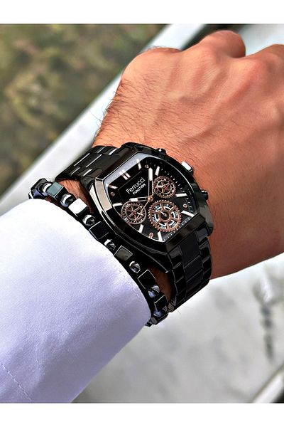 Ferrucci Black Color Functions Active Square Model Classic Men's Wrist Watch + Bracelet