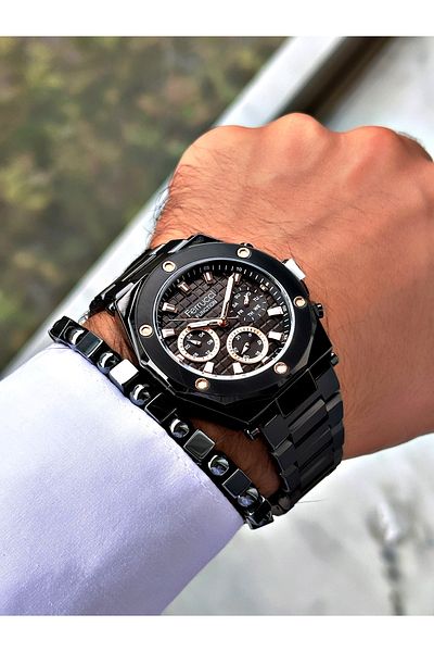 Ferrucci Black Color Steel Cord Sports Model Men's Wrist Watch + Bracelet
