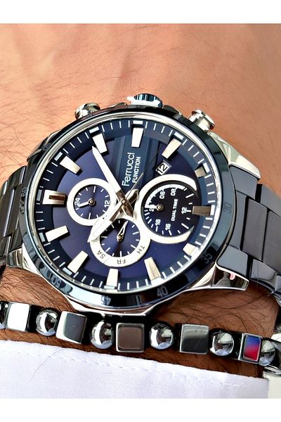 Ferrucci Dark Blue Color Stylish Sports Steel Cord Function Men's Wrist Watch + Bracelet