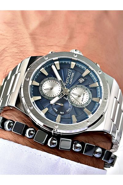 Ferrucci Silver Color Functions Active Sports Steel Cord Men's Wrist Watch + Bracelet
