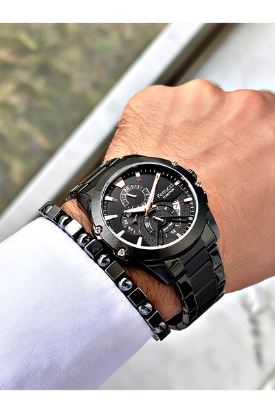 Ferrucci Black Color Sports Function Steel Cord Men's Wrist Watch + Bracelet