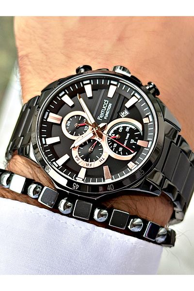 Ferrucci Black Color Stylish Sports Steel Cord Function Men's Wrist Watch + Bracelet