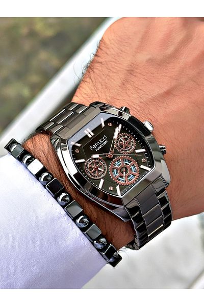 Ferrucci Smoke Color Functions Active Square Model Classic Men's Wrist Watch + Bracelet