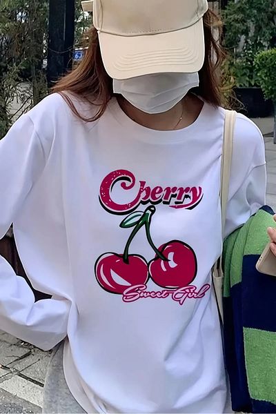 Gofeel Λευκό Unisex Cherry Sweet Girl μακρυμάνικο μπλουζάκι
