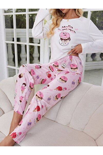 MEYLİYA Λευκό χτενισμένο βαμβακερό γυναικείο σετ πιτζάμες - Μακρύ μανίκι, Super Soft Icecream Pink