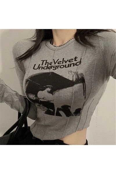 DarkellaStore Lolita Harajuku The Velvet Underground Long Sleeve Crop Blouse