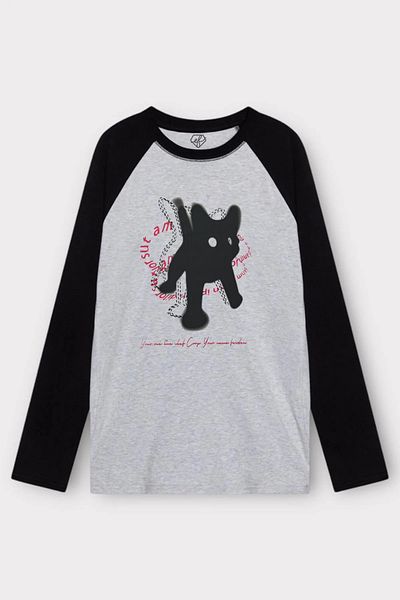Gofeel Γκρι μαύρο Unisex Scared Cat Y2K μακρυμάνικο μπλουζάκι