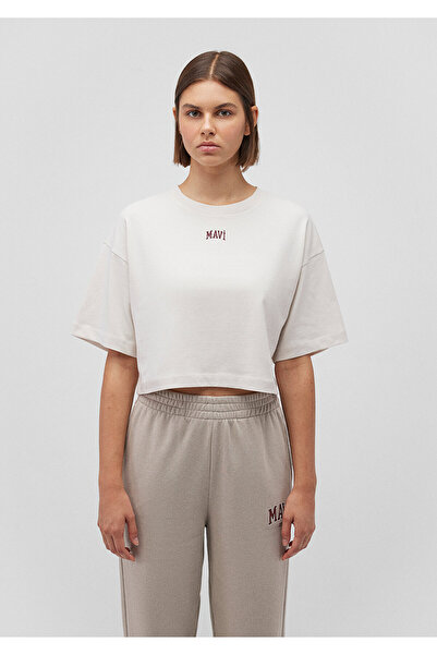 Mavi Logo Printed Beige Crop T-Shirt Crop / Short Cut 1611585-70136