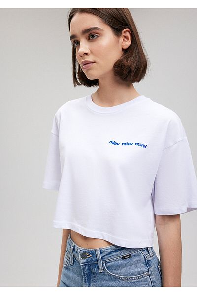 Mavi Miav Printed White Crop T-Shirt Oversize / Wide Cut 1611792-620