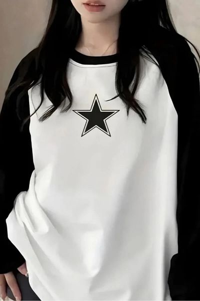 Gofeel Λευκό μαύρο μακρυμάνικο μπλουζάκι Unisex Retro Stars