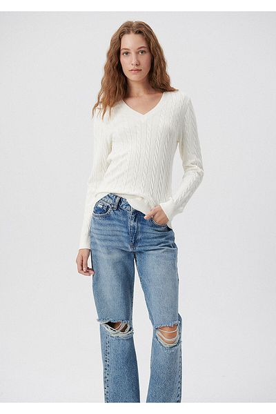 Mavi V-Neck White Sweater Slim Fit / Tight Cut 1710340-70057