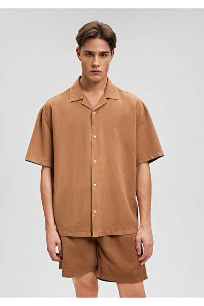 Mavi Keten Karışımlı Kahverengi Gömlek Oversize / Geniş Kesim 0210679-82337