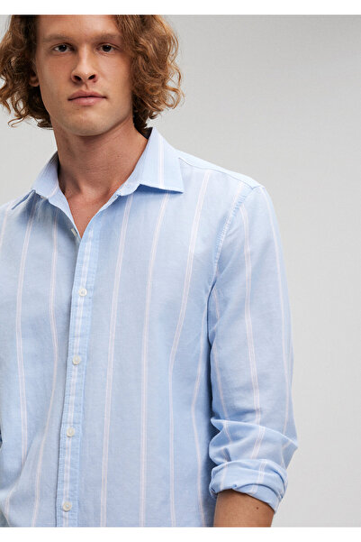 Mavi Keten Karışımlı Çizgili Mavi Gömlek Regular Fit / Normal Kesim 0210843-70813