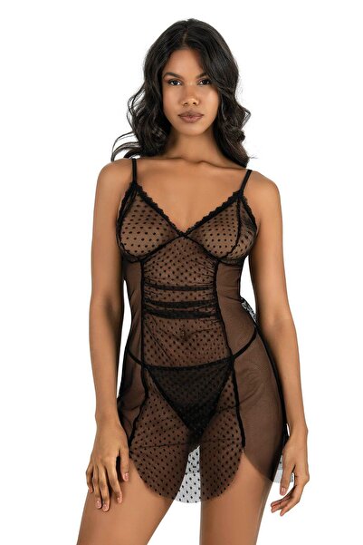 PRIMODA Μαύρο κοντό νυχτικό από τούλι 4219