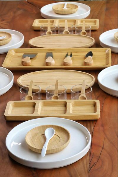 Bambum Atbyhome 6-Person 39 Piece Ceramic - Bamboo Breakfast Set - Luxury Breakfast Presentation Set