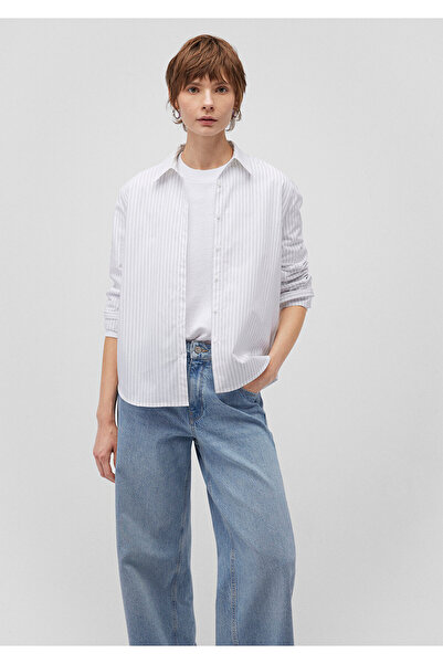 Mavi Çizgili Pamuklu Beyaz Poplin Gömlek Regular Fit / Normal Kesim 1210886-8...