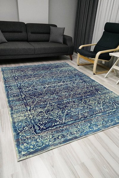 kilim home Mars 1009 Classic Decorative Non-Slip Base Carpet in Blue Tones