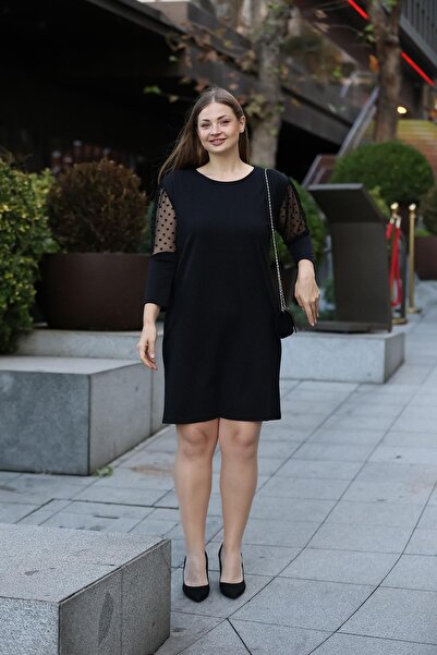 EGZEBRU Kruvaze Büyük Beden Siyah Elbise