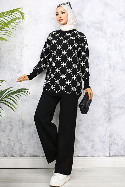 benguen 6212 Floral Patterned Stone Knitwear Set Black