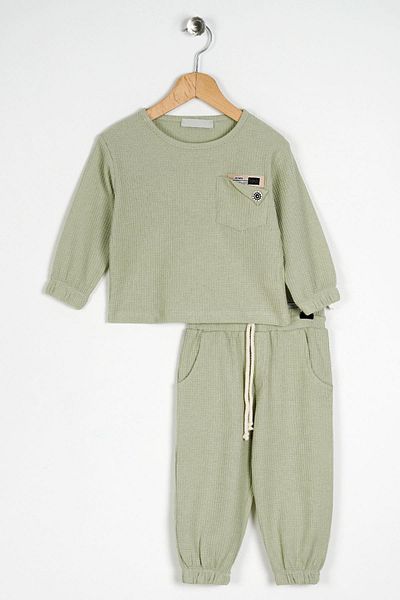zepkids Crew Neck Long Sleeve Embroidered Sleeve and Elastic Leg Cagla Green Color Boy's Double Set