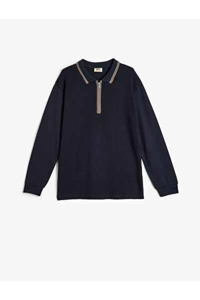 Koton Bavlněné polo tričko s dlouhým rukávem, polovičním zipem a proužkovým detailem