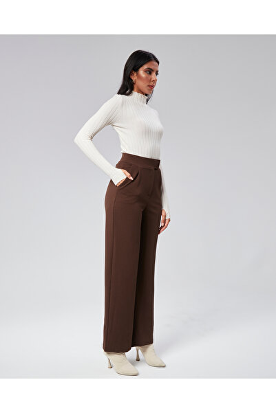 NEVEGE BUTİK Γυναικείο Πλεκτό Ύφασμα Full Lycra Velcro Waist Palazzo-BROWN
