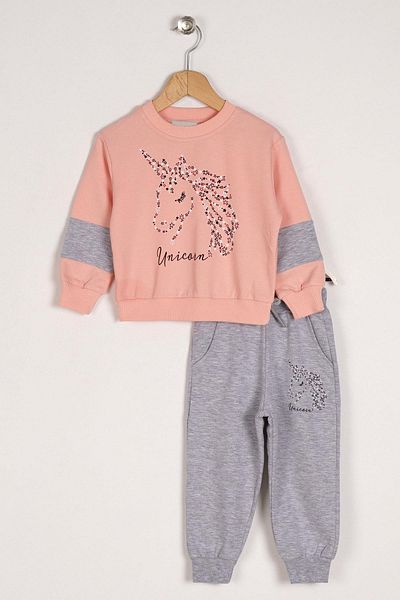 zepkids Zweiteiliges Set für Mädchen mit Rundhalsausschnitt und langen Ärmeln und Sternenhimmel-Einhorn-Aufdruck in Lachsfarbe