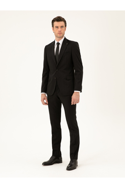 Cacharel Siyah Slim Fit Çizgili Yün Karışımlı Takım Elbise 50289000-VR046