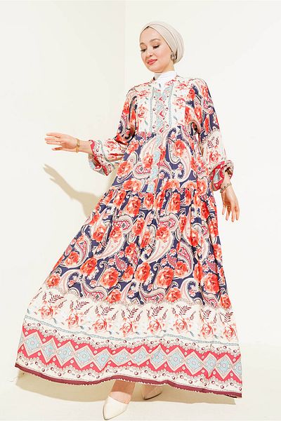 Bigdart 2423 Model Authentic Patterned Dried Rose Dress