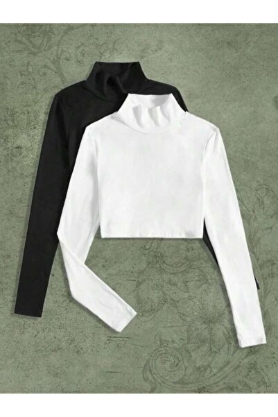 ÖZ PAMUK 2 li ADET Kadın Siyah Fitilli Yarım Balıkçı Yaka Kaşkorse Crop Body ...