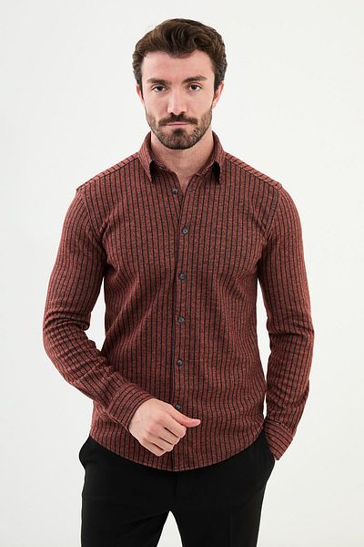 Mcr Striped Slim Fit Wool Men's Shirt Tile - 27018.24K