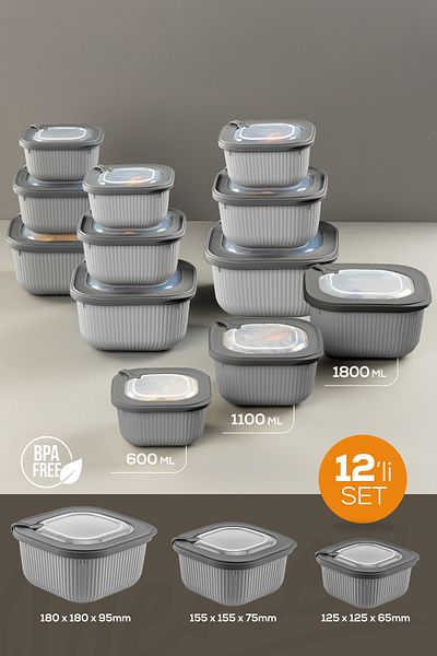 Vienev Set of 12 Anthracite Vip Special Storage Containers with Lids - 600-1100-1800 ml Suitable for Microwave and Freeze