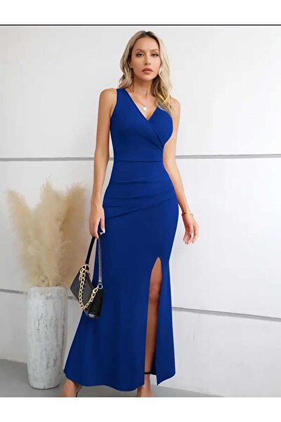 MODAS SIFIR KOL KRUVAZE YAKA YIRTMAÇLI KREP ELBİSE