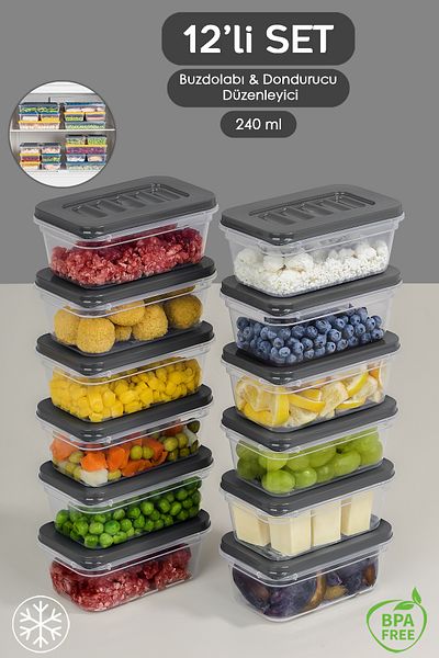 Meleni Home 12-Piece Anthracite Refrigerator Organizer - Microwave and Diffraction Convenient Storage Container - 12X240Ml