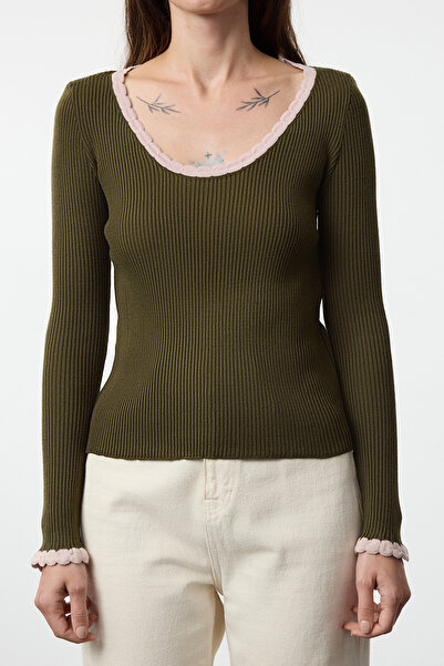 Trendyol Collection Green Corded Sweater - Pool Collar, Color Block Twoaw25Kz00242