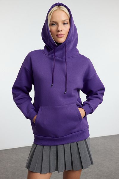 Trendyol Collection Purple Fleece Oversize Sweatshirt - Collar Detail, Kangaroo Pocket, Thick Inside - Twoaw25Sw00203