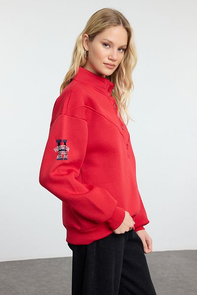 Trendyol Collection Dark Red Embroidered Fleece Oversize Sweatshirt - Stand Collar Twoaw24Sw00322