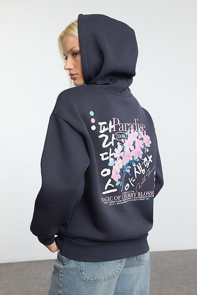 Trendyol Collection Anthracite Knitted Hooded Oversize Sweatshirt - Front and Back Printed Twoaw25Sw00247