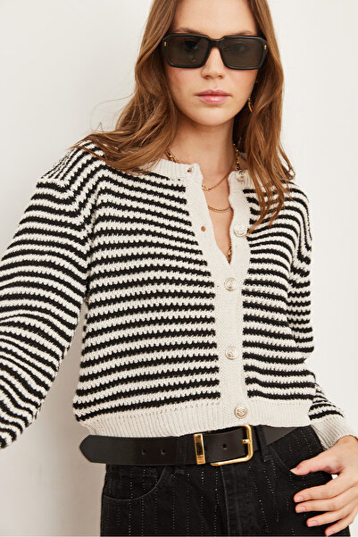 Olalook Tricotaj crop cu dungi negre pentru femei Cardigan HRK- 19000303