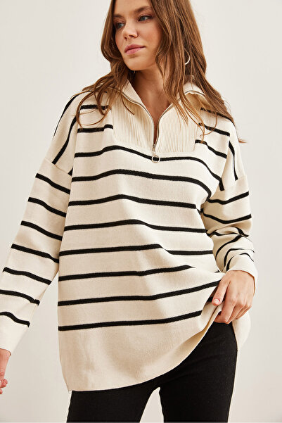 Olalook Pulover supradimensionat cu dungi negre ecru - guler vertical, cu fermoar KZK- 19000847