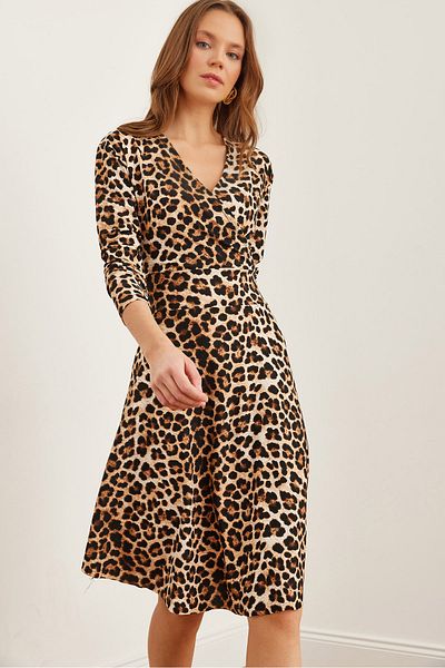 Olalook Γυναικείο Leopard Stone Floral Πλεκτό Φόρεμα με διπλό στήθος ELB- 19000962