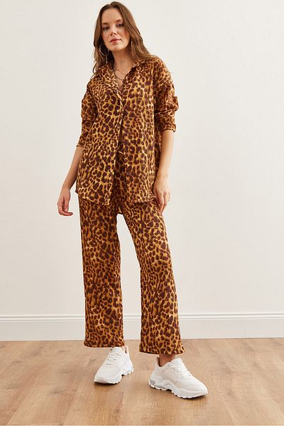 Olalook Leopard Patterned Brown Colored Women's Shirt and Trousers Set - Tkm- 19000309