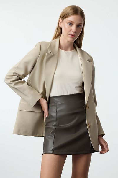 Trendyol Collection Magas derekú khaki műbőr szoknya - TWOAW24ET00154